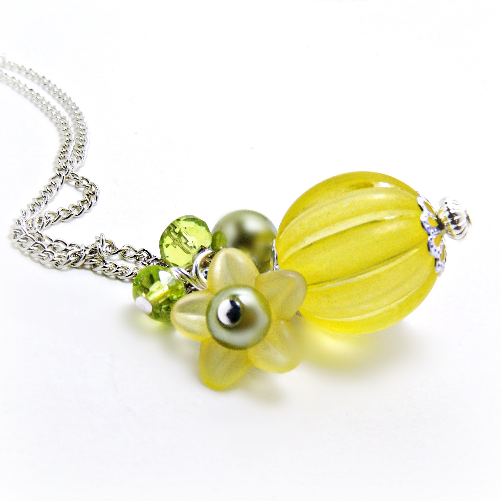 Yellow Lucite Pendant W/ Flower Yellow NecklaceYellow Jewelry Flower